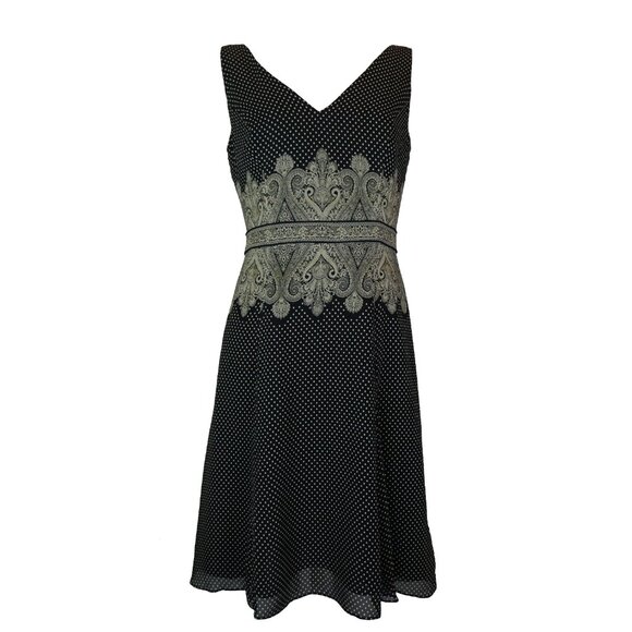 Adrianna Papell Black Tan Silk Polka Dot Paisley Sleeveless Midi A-Line Dress 8P - Picture 1 of 7